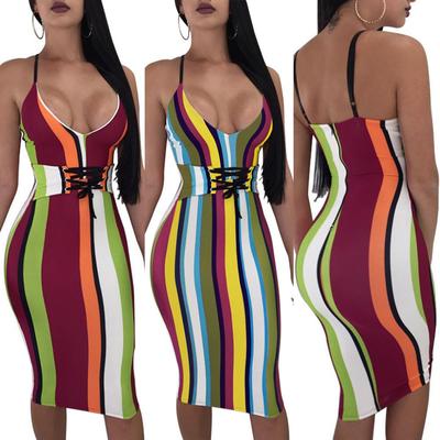 Sexy colorful nightclub striped zipper suspender dress