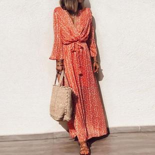 Elegant Flower Long Maxi Size Sleeve Casual Neck Dress