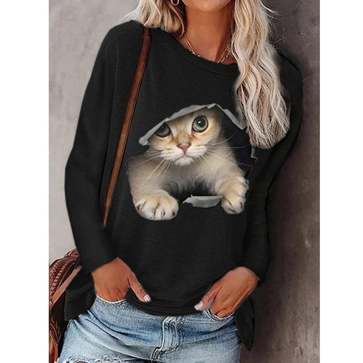 T-shirt womens sleeve long cat pullover neck round