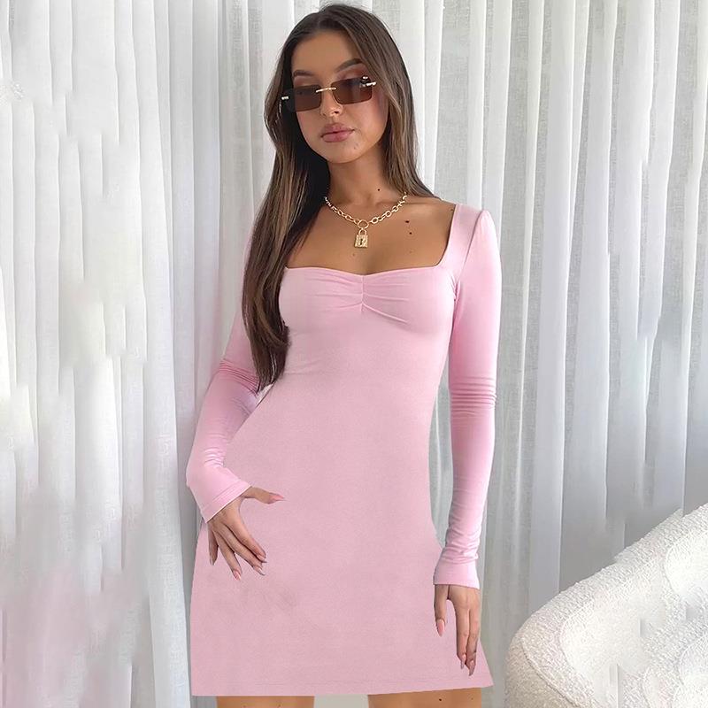 Womens solid color square neck long sleeve gathered side