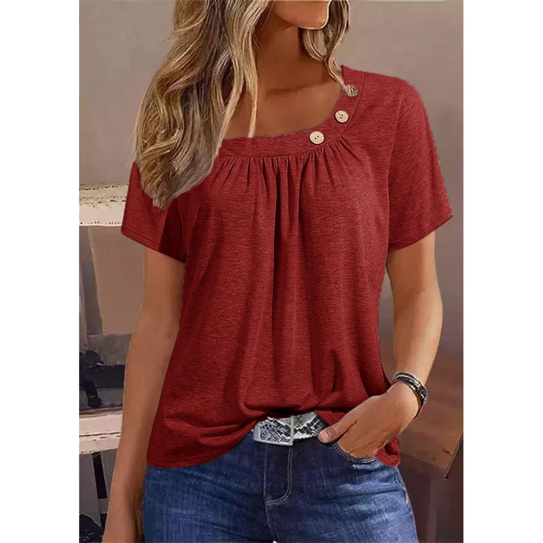 Solid color button element short sleeve round neck T-shirt