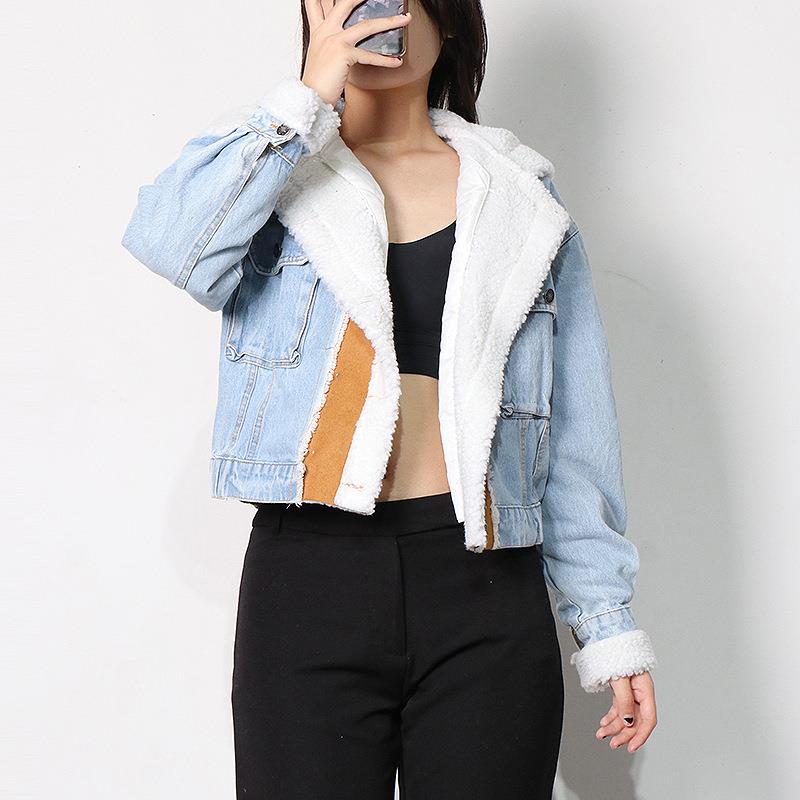 women for jacket denim versatile loose color contrast wool