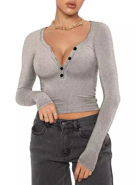 Top Navel Knit Fit Slim Casual Button V-Neck T-Shirt Henley