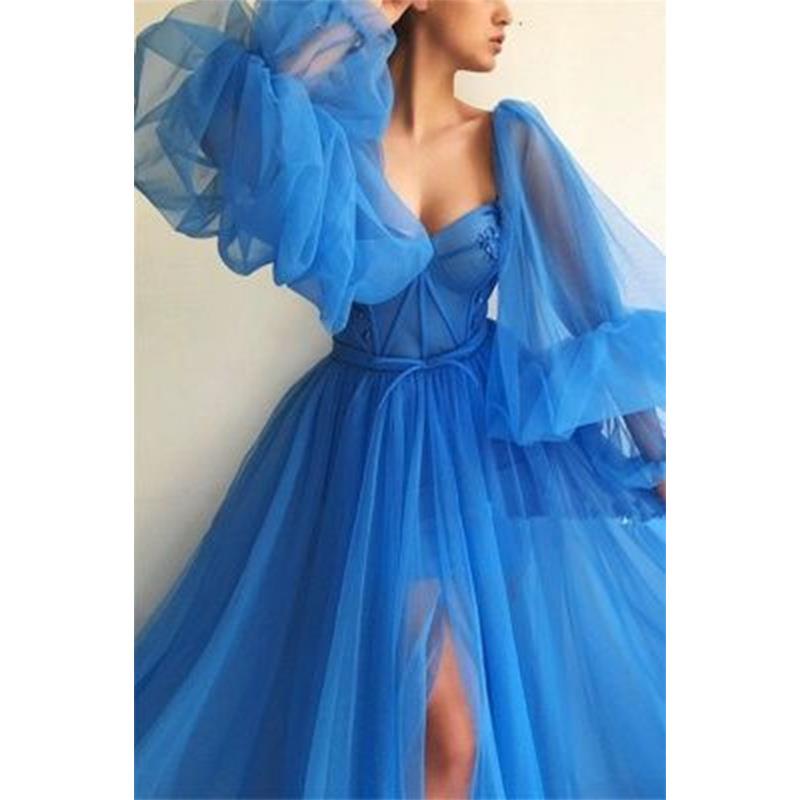 Womens one shoulder mesh long sleeve wedding dress with big