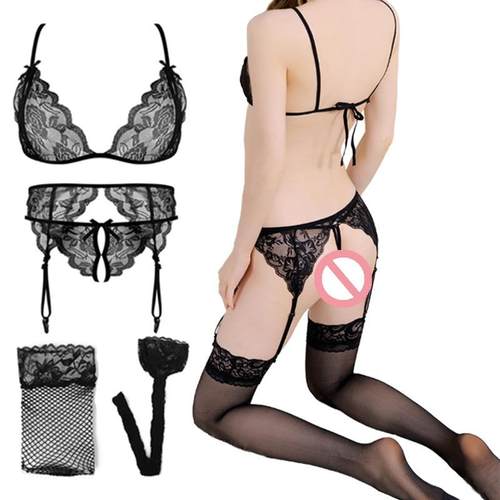 set four-piece stockings fishnet garter lace tight
