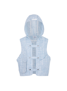 lablfe-JZH03江浙湖连帽牛仔马甲中式排扣氛围设计无袖口袋式视觉