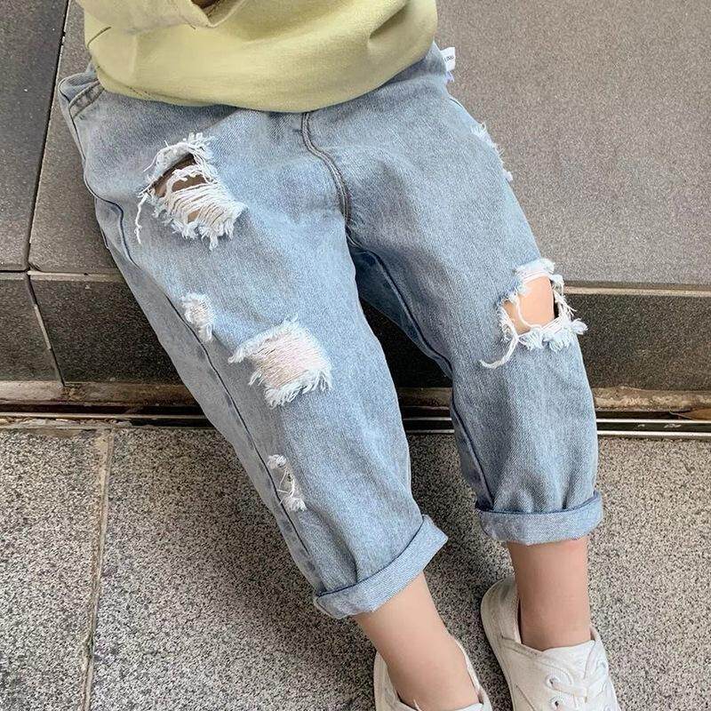 裤子外穿宝宝宽松九分女童长裤薄款儿童夏季破洞牛仔裤春秋款男童