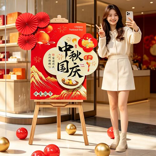 中秋国庆节装饰迎宾牌环创kt展板布置商场店铺幼儿园活动氛围场景