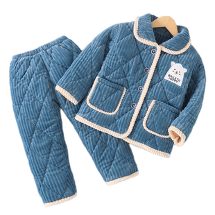 冬季男童法兰绒睡衣儿童加绒加厚三层夹棉袄女童男孩珊瑚绒家居服