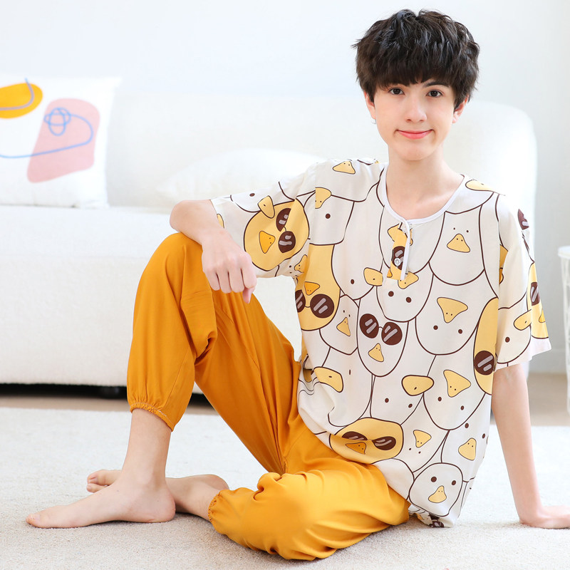 男士睡衣套装大童夏季短袖薄款绵绸青少年夏天男孩男童棉绸家居服