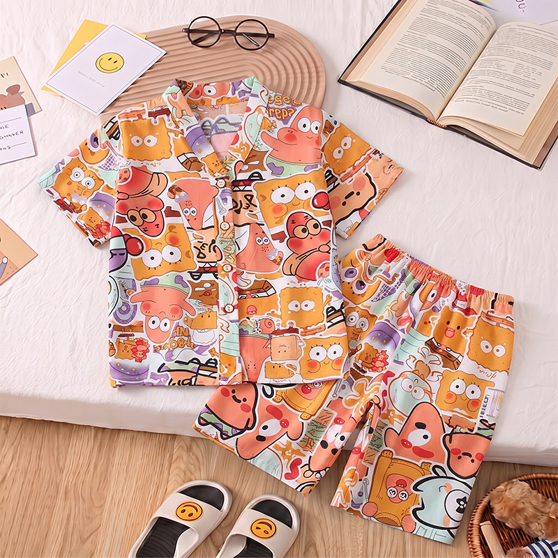 夏季棉绸薄款男童女童家居服套装