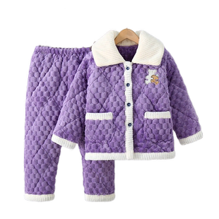 冬季儿童加厚款睡衣女童三层夹棉套装男童加绒珊瑚绒法兰绒家居服