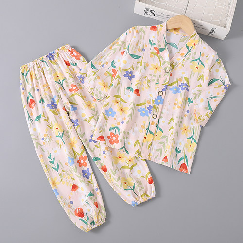 女童棉绸睡衣夏季儿童七分袖