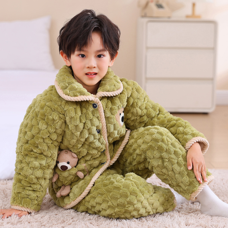 冬季宝宝夹棉家居服儿童法兰绒睡衣冬天女童男童珊瑚绒加厚款套装