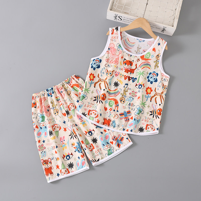 棉绸夏季儿童睡衣男孩背心空调服薄款男童女童宝宝绵绸家居服套装