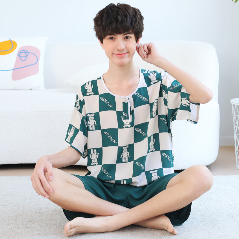 夏季大童短袖人造棉家居服青少年薄款棉绸睡衣中学生男童绵绸套装