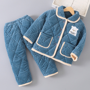 冬季 男童法兰绒睡衣儿童加绒加厚三层夹棉袄女童男孩珊瑚绒家居服