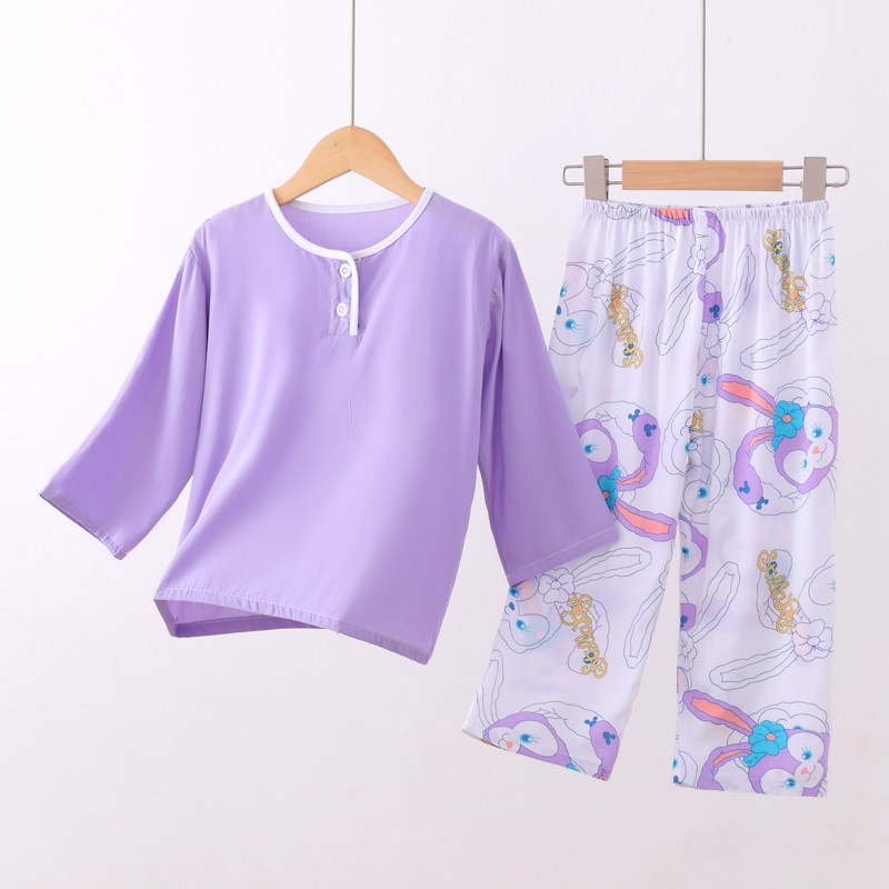 夏季儿童棉绸睡衣女孩子薄款长袖空调套装男童女童宝宝绵绸家居服