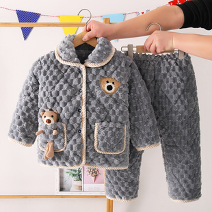冬季儿童女童三层加厚款夹棉大童珊瑚绒睡衣家居服男童宝宝法兰绒