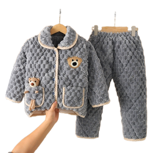 冬季儿童女童三层加厚款夹棉大童珊瑚绒睡衣家居服男童宝宝法兰绒