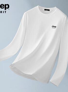 JEEP吉普白色纯棉打底衫男2025秋季新款宽松圆领男士内搭长袖t恤R