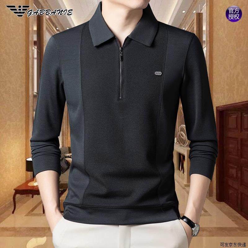 正品意大利 男士长袖t恤春秋新款中年翻领纯色休闲高端宽松polo衫