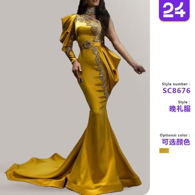 Evening dress for women Gold-sprinkled high collar Banquet