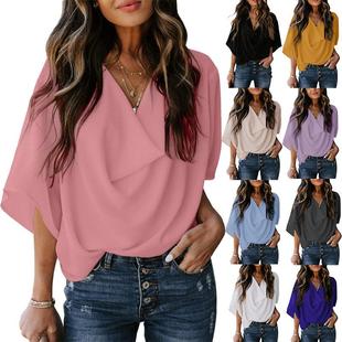 top shirt loose casual neck Chiffon clothing