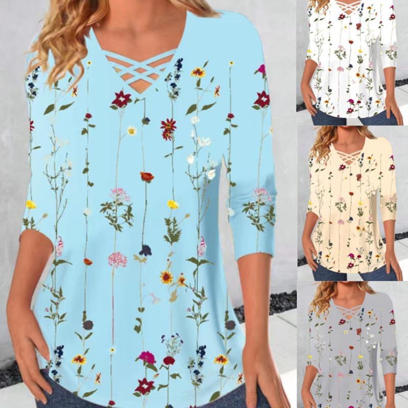 Womens Loose Neckline Crossover V Neck Floral Long Sleeve