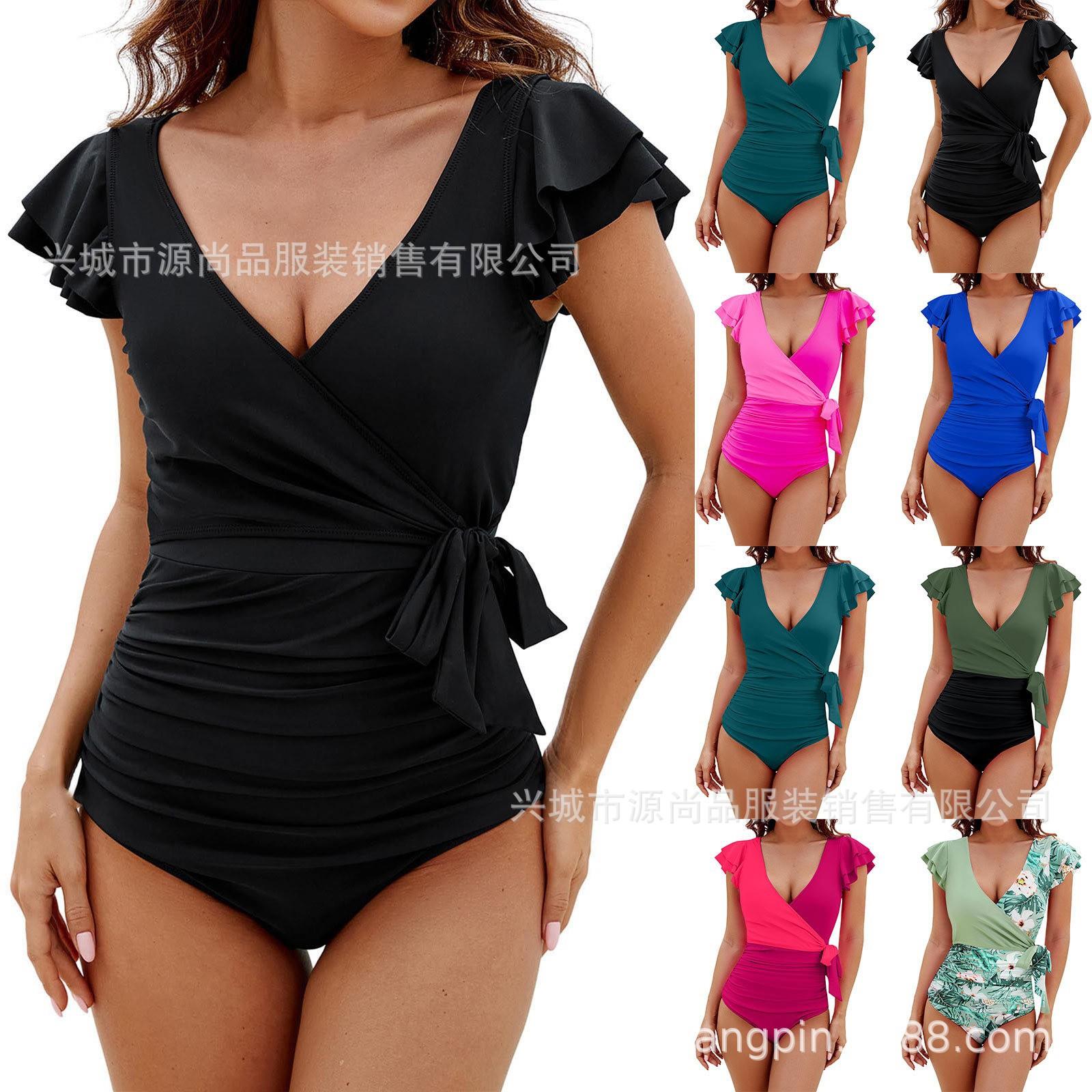 Color matching suspender hem sexy one-piece bikini swimsuit