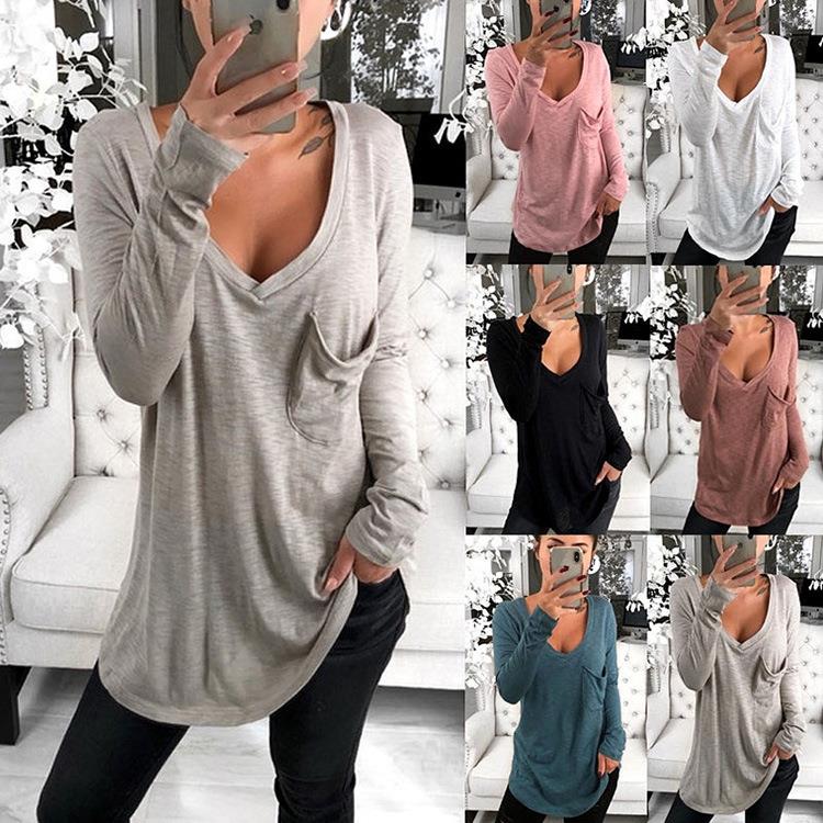 Womens Spring Sexy V-neck Loose Pocket Casual Long Sleeve
