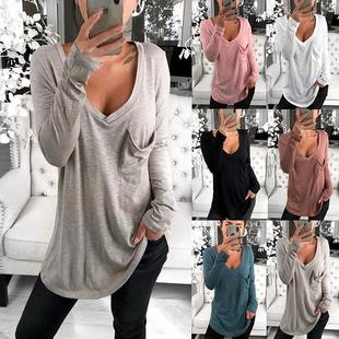 neck Long Spring Sleeve Casual Sexy Pocket Womens Loose