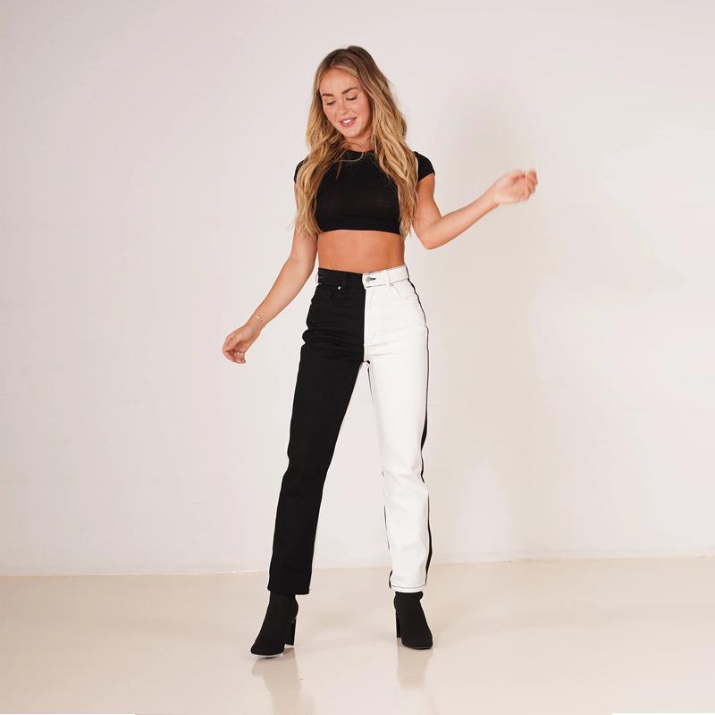 jeans Fashionable washed women high straight elastic waist
