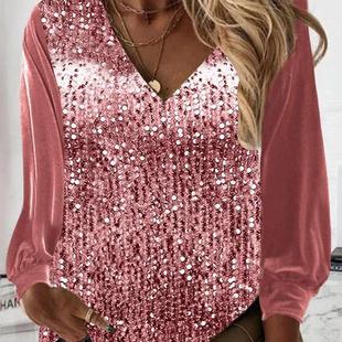 sequined loose womens long shirt neck sleeved Womens