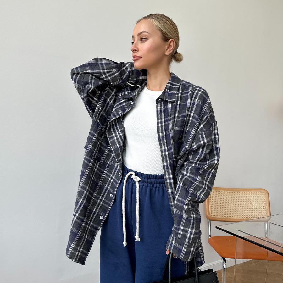 shirt mid-length striped plaid pocket double spring shirt