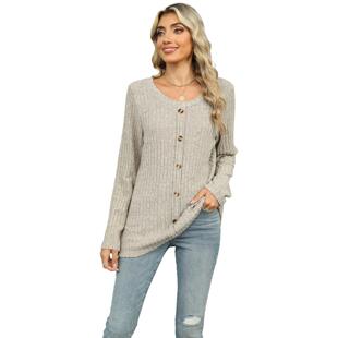 breasted neck loose shirt tops round sleeved long single