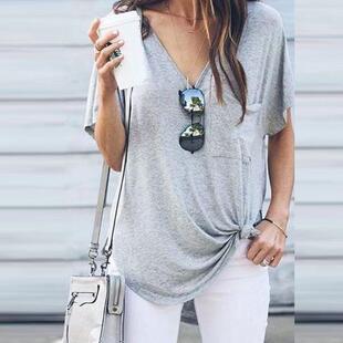 sexy loose shirt pocket Womens female neck short