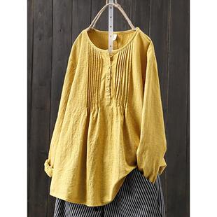 Large Sleeve Loose Pleated Shirt Round Womens Size Neck