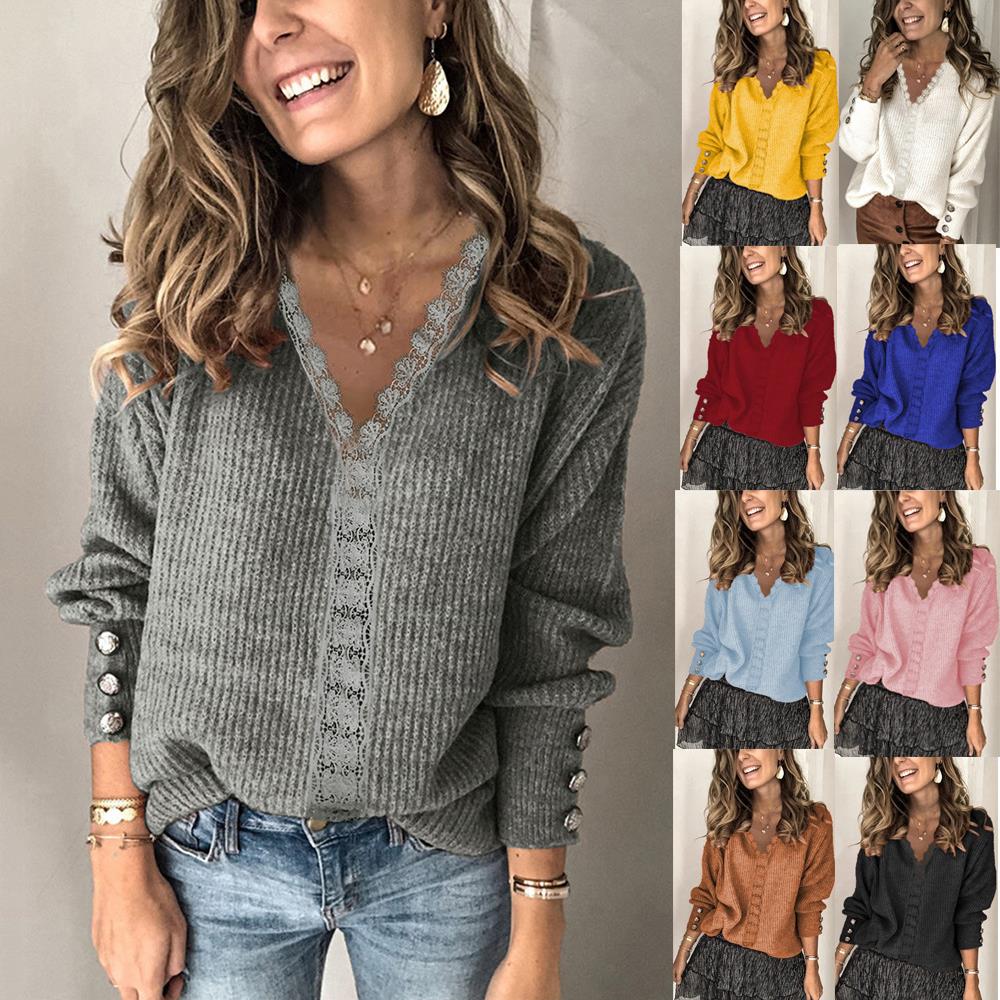 women lace patchwork sweaters autumn buttons knit pullovers