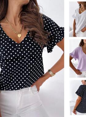 Women's Polka Dot V-Neck Ruffle Short Sleeve T-Shirt Top