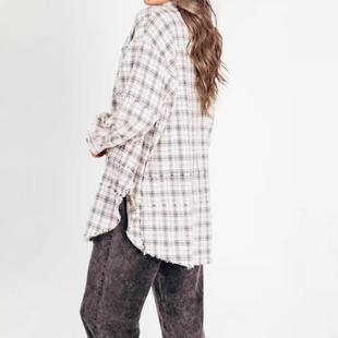 Shirt Loose Raw Edge Women Button Sleeve Lantern Plaid