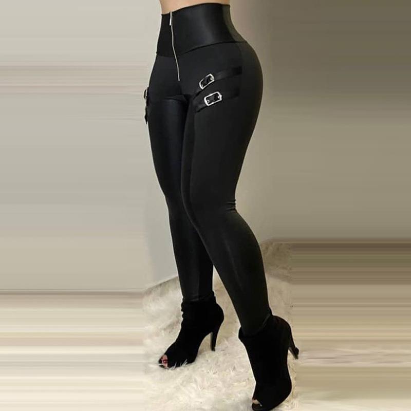 Women's Black High Waist Skinny Buckle Trousers