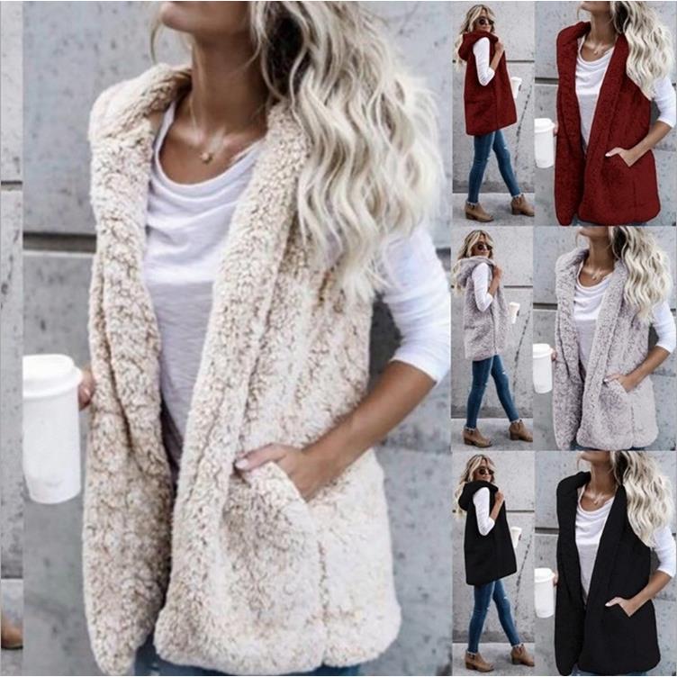 Furry Vest Pocket Hooded Sleeveless Color Solid Fashion