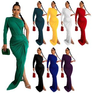 pleated solid color Womens long shoulder dress new off