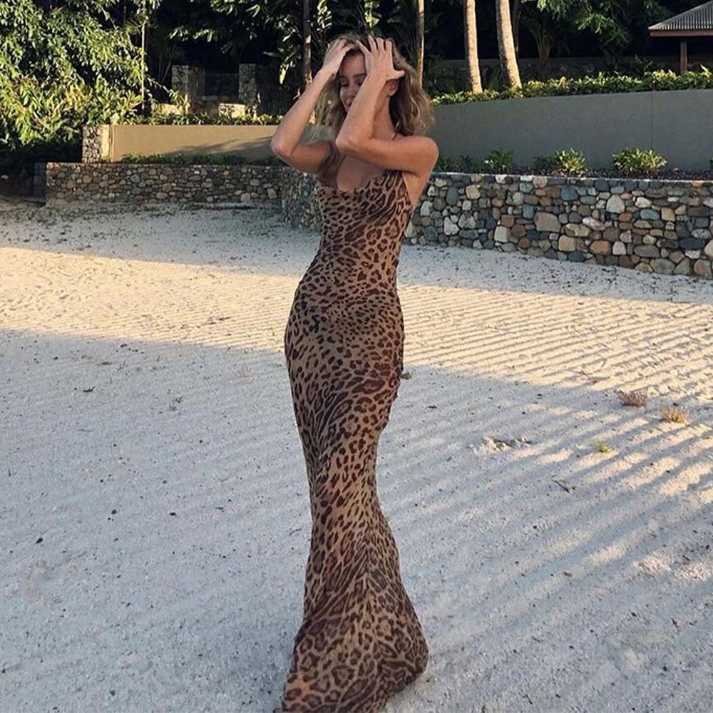 Womens suspender backless leopard print dress evening gown