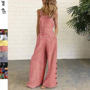 bib leg wide playsuits plaid pants print ladies rompers