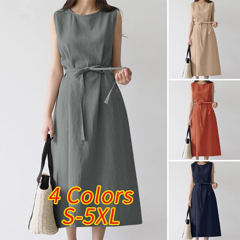 Dress Linen and Cotton Color Solid Neck Round Belt