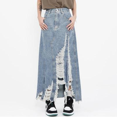 Womens personalized denim skirt with raw edges and holes