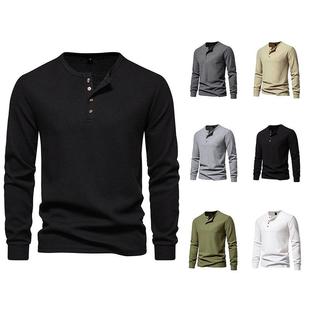 Shirt Waffle Long Four Button Base Sleeve Mens