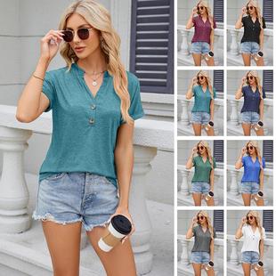 shirt sleeved womens neck button women loose Short tops